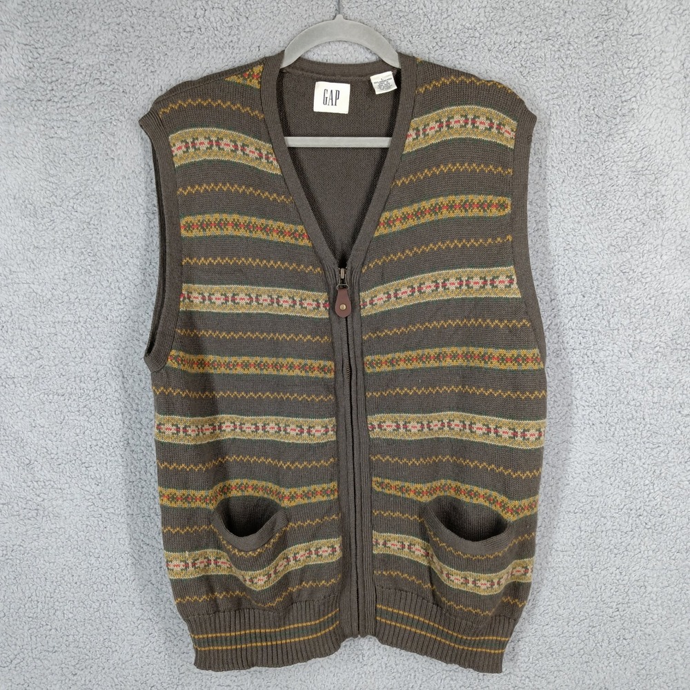 GAP Vintage Mens Large Merino Wool Sweater Vest Full Zip‎ Striped Pockets Brown